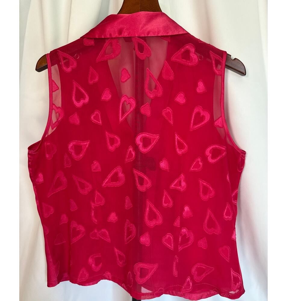 Vintage Fuchsia Satin Sleeveless Blouse Vest Sheer Heart Back EUC- Large